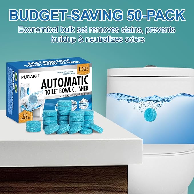 Automatic Toilet Bowl Cleaner Tablets,Blue toilet seat, Descale & Deodorize, Septic-Safe, Continuous Cleaning, Fresh Scent, Drop-In Tank Cleaner effective to use Works with Toilets 50 Pack