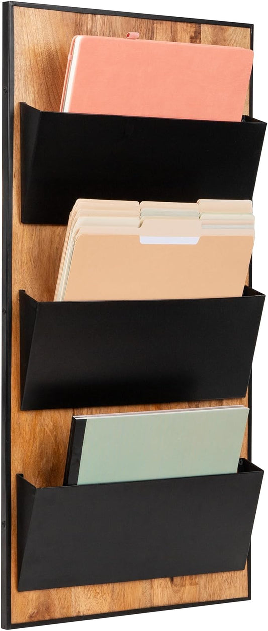 Mind Reader 3-Tier Wall-Mounted File Organizer, Wood and Metal Vertical Rack for Mail, Magazines, and Documents, Black
