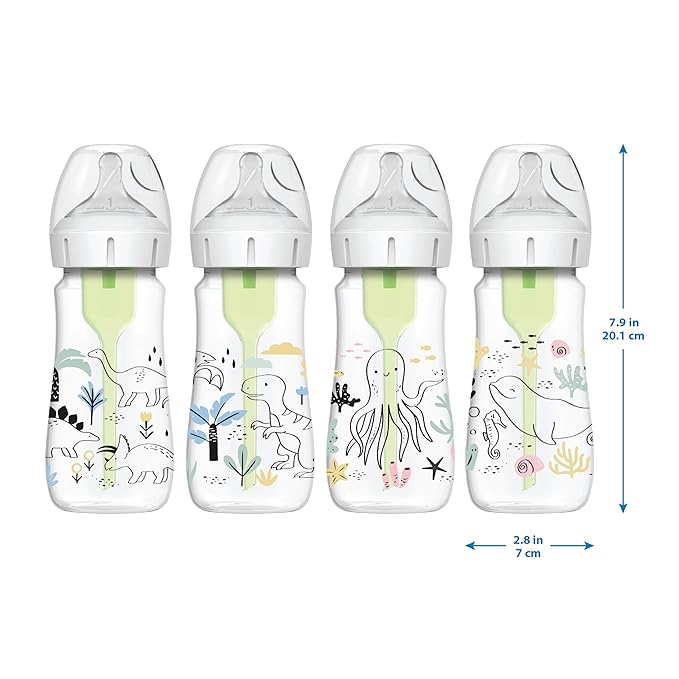 Dr. Brown's Anti-Colic Options + Wide-Neck Baby Bottle Designer Edition Dino Decos, 9oz/270mL, Level 1 Slow Flow Nipple, BPA-Free, 0m+, 2-Pack