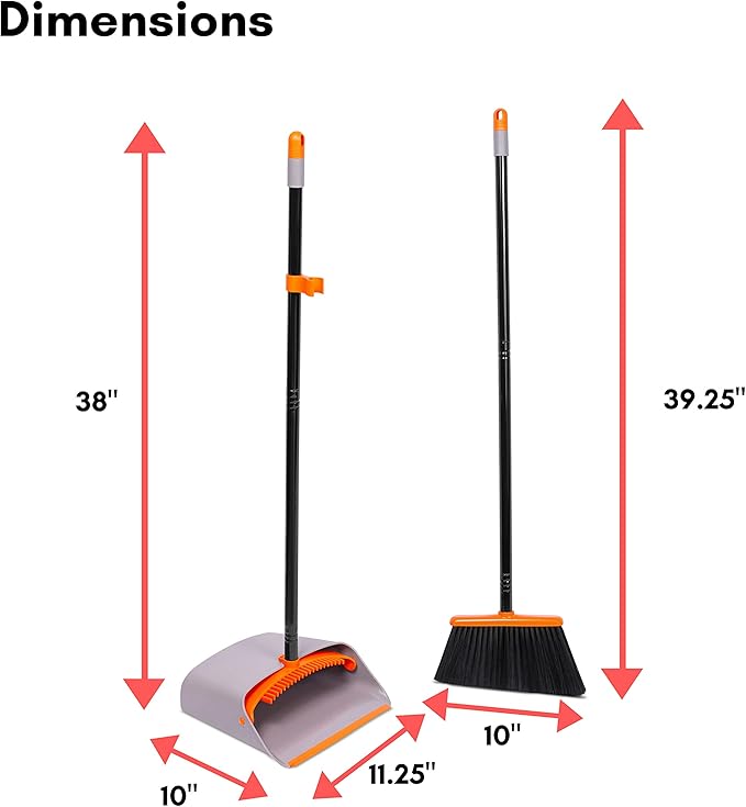 BirdRock Home Broom and Dustpan Set - Lobby Dust Pan - Orange and Grey Durable Set - Indoor or Outdoor - Sweep Combo Great for Kitchen, Home, Garage and Office - Clip On Self Cleaning Bristles
