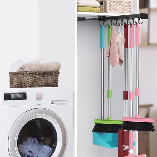 Pull Out Broom Holder With Adjustable Double Row Sliding Hook, Multifunctional Slide Broom And Mop Storage/Organizer Garage Organization Hooks, for Closet Laundry Garage Kitchen - 16.14inch