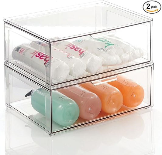 mDesign Plastic Stackable Bathroom Storage Organizer Bin Containers with Front Pull Drawer for Bathroom Countertop, Vanity, Closet Shelves - Holder for Accessories - Lumiere Collection, 2 Pack, Clear