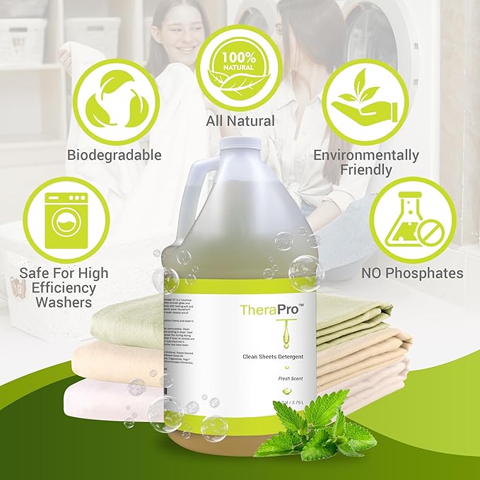 TheraPro Natural Liquid Laundry Detergent for Massage Sheets & Spa Linens - 1 Gallon - Professional Grade Biodegradable Laundry Detergent Removes Tough Stains Left by Oil & Creams - Fresh Clean Scent