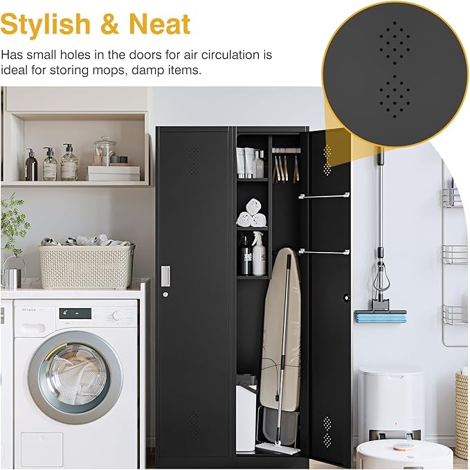 STANI 71" H Broom Closet Storage Cabinet Metal Cleaning Tool Cabinet Utility Closet Cleaning Supplies with Locking Door Broom Rack Shelf for Broom mops Garage Storage Black