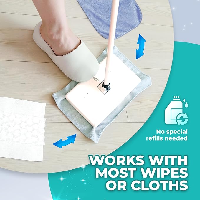 Hands-Free Flat Floor Mop & Sweeper - Foot-Tap Lock System Compatible with Most Pads - 360 Swivel & Adjustable Aluminum Handle - Includes Baking Soda Wet Wipes & 3D Microfiber Cloth