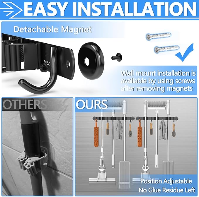 3-H Magnetic Broom Holder Wall Mount 1 Pack, 2-in-1 Dual Mount (No Drill or Screw Fix), 304 Stainless Steel Heavy Duty Magnet Mop Broom Organizer for Kitchen Garden Garage(4 Racks & 5 Hooks,Black)