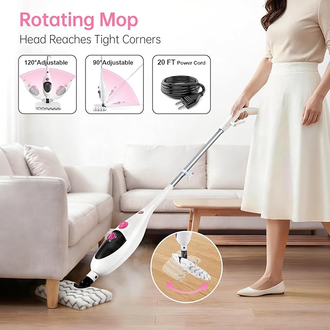 12-in-1 Steam Mop & Detachable Handheld Steam Cleaner, 400ML Tank with Adjustable Steam, Safe for Hardwood, Sealed Floors, Marble, Laminate, Stone & Tile