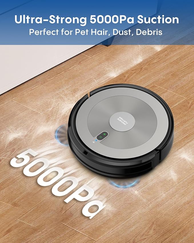 Robot Vacuum and Mop Combo, 5000Pa 3-in-1 Robotic Vacuum Cleaner, Brushless Motor, Tangle-Free Design, Smart App/Alexa Control, Auto Charging & Schedule, ideal for Pet Hair, Hard Floor and Carpet