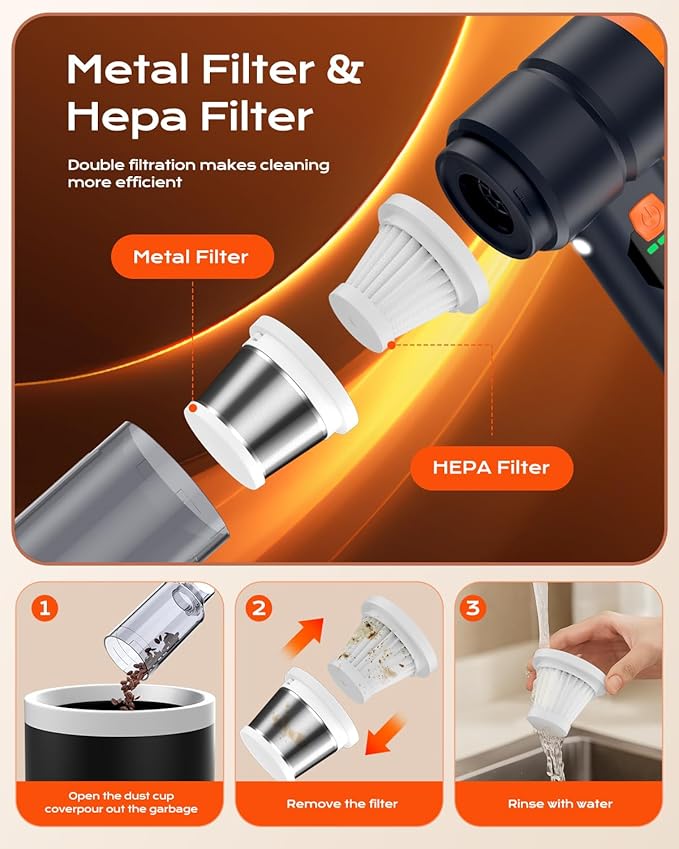 Portable Cordless Car Vacuum, 4-in-1 Handheld Cordless Vacuum with 30,000Pa Suction, 130,000 RPM, 6,800mAh Battery, 10 Nozzles, Rubber Paint Material for Car, Home,Birthday Gifts for Men Dad Husband