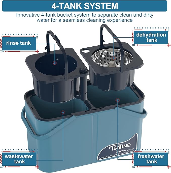 Gen 1 Large-Capacity Spin Mop and Bucket – for Big Homes & Deep Cleaning Days,4-Chamber System Separates Dirty & Clean Water, 2-GAL Heavy-Duty Design with Wheels & 8 Refill Mop Heads - Blue/Grey