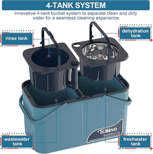 Gen 1 Large-Capacity Spin Mop and Bucket – for Big Homes & Deep Cleaning Days,4-Chamber System Separates Dirty & Clean Water, 2-GAL Heavy-Duty Design with Wheels & 8 Refill Mop Heads - Blue/Grey