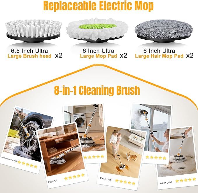Cordless Electric Mop for Dewalt 20V Battery (NO Battery), 2 in 1 Spin Mop & Electric Floor Scrubber with LED Light & Water Spray, Electric Mops for Floor Cleaning, Hardwood,Tile (White Yellow)