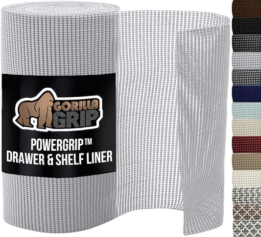 GORILLA GRIP powerGRIP Drawer Shelf and Cabinet Liner, Thick Strong Hold, Non-Adhesive Liners Protect Kitchen Cabinets and Cupboard, Bathroom Drawers, Easy Install, Breathable Mat, 20" x20' Light Gray