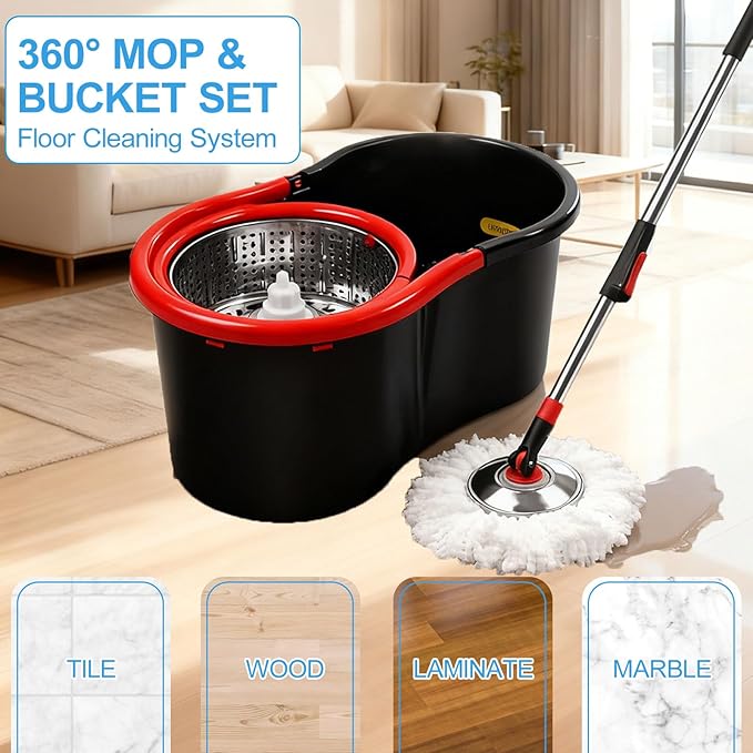 Spin Mop and Bucket with Wringer Set, 360°Rotating Head Mop Bucket System, 3 Replacement Mop Heads for Floor Cleaning (Black & Red) (A mop Head)
