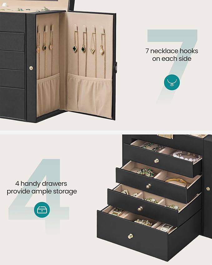 SONGMICS 5-Layer Jewelry Box Organizer with 4 Drawers, Jewelry Storage Case with Lock and Mirror, Large Storage Capacity, Gift for Loved Ones, for Necklaces, Watches, Ink Black UJBC153BZ01S