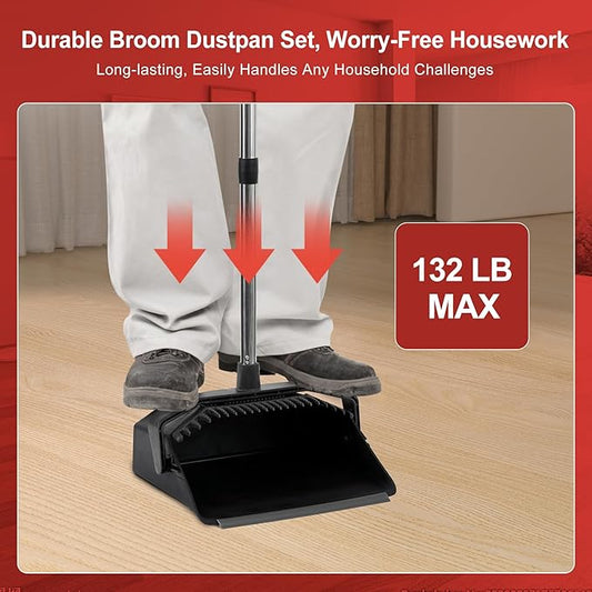 3-Pack Broom with Dustpan Combo Set, Commercial Broom and Dustpan Set, Dust Pan with Long Handle, 51'' Large Brooms with Self-Cleaning Dust Pan Teeth for Restaurant Lobby Garage - Black