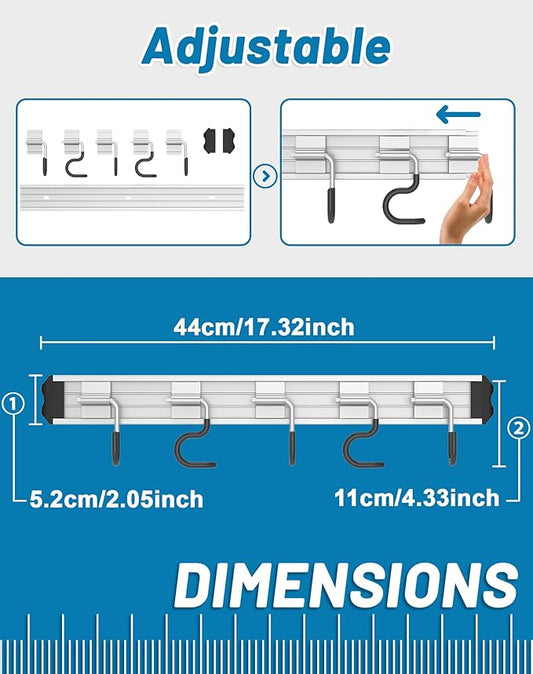 QcoQce Broom Holder Wall Mounted Garden Tool Rack Organizer, Modern Style,Movable Aluminum Alloy Wall Mounted Hook 1 Pack,Storage Gift for Bathroom,Closet,Laundry Room,Garage,Tool Room(Black)