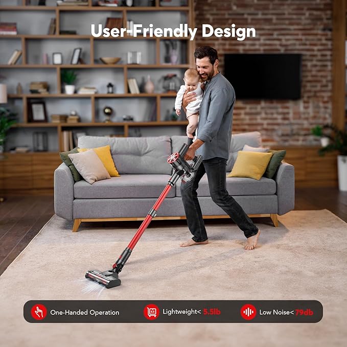Cordless Vacuum Cleaner for Home, 80,000PRM Powerful 4 in 1 Lightweight Stick Vacuum with 2 Adjustable Suctions, Max 40 Mins Runtime, 2600mAh Rechargeable Vacuum Cleaners (Afterglow Red)