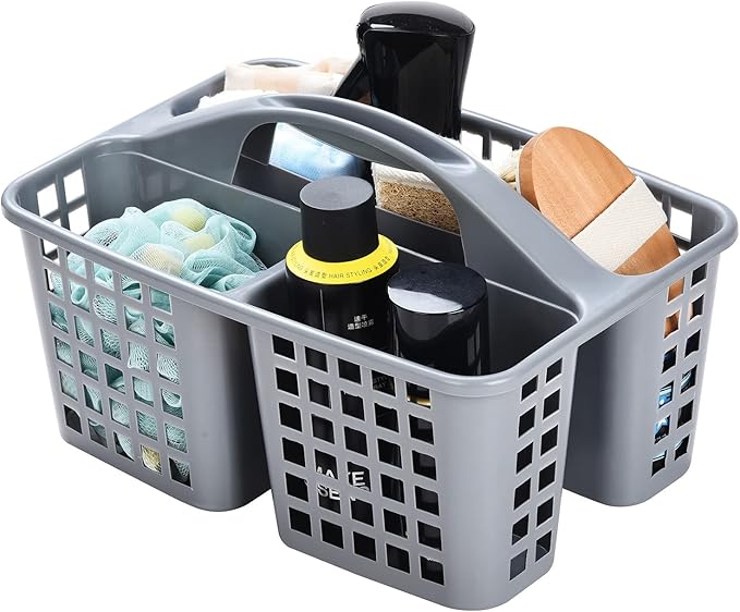 ALINK Plastic Shower Caddy Basket with Compartments, Portable Divided Cleaning Supply Storage Organizer with Handle for College Dorm Bathroom - Gray