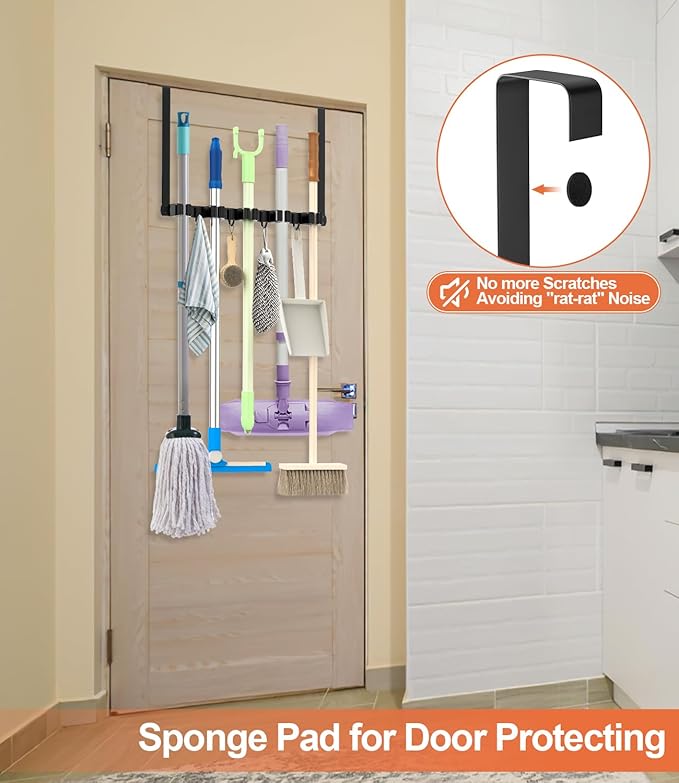 Broom Holder Over The Door Drilling Free Mop and Broom Holder with 4 Over Door Hook, Metal Mop and Broom Storage Wall Mount Broom Storage Tool Organizer for Laundry Room Garage Kitchen Bathroom