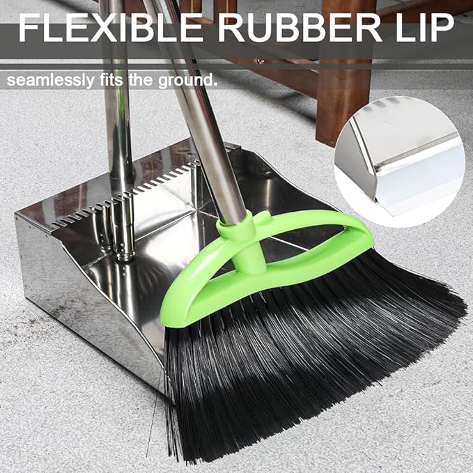 Soft Bristles Broom and Dustpan Set,Metal Dustpan with Indoor Broom, Green Angle Broom with Stand Up Dustpan for Hardwood Kitchen Floor Sweeping