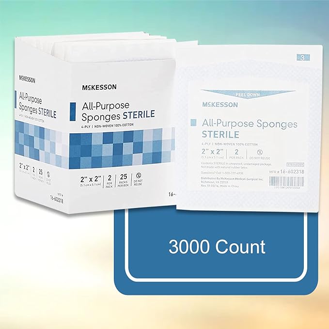 McKesson All Purpose Sponges, Sterile, 4-Ply, 100% Cotton, 2 in x 2 in, 2 per Pack, 1500 Packs, 3000 Total