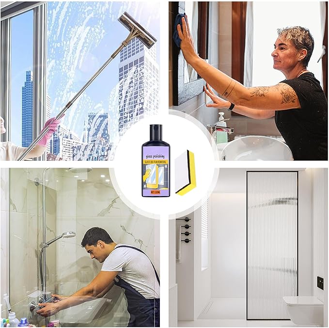 120ml Shower and Window Glass Cleaner, Oil Film Remover with Sponge, Household Glass Polishing Cleaner, Streak-Free Bathroom and KitchenGlass Solution for Toilet, Tub, Bathroom, Kitchen, Tile, Mirror