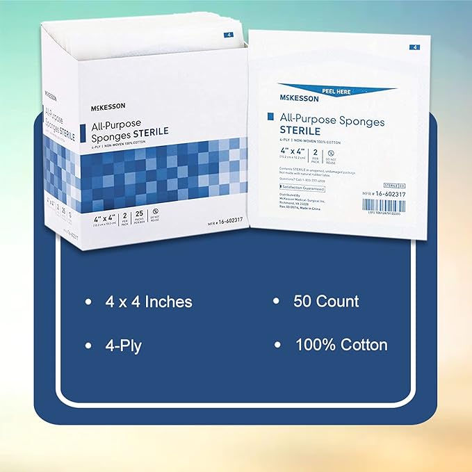 McKesson All Purpose Sponges, Sterile, 4-Ply, 100% Cotton, 4 in x 4 in, 2 per Pack, 600 Packs, 1200 Total