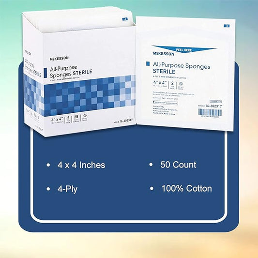 McKesson All Purpose Sponges, Sterile, 4-Ply, 100% Cotton, 4 in x 4 in, 2 per Pack, 600 Packs, 1200 Total