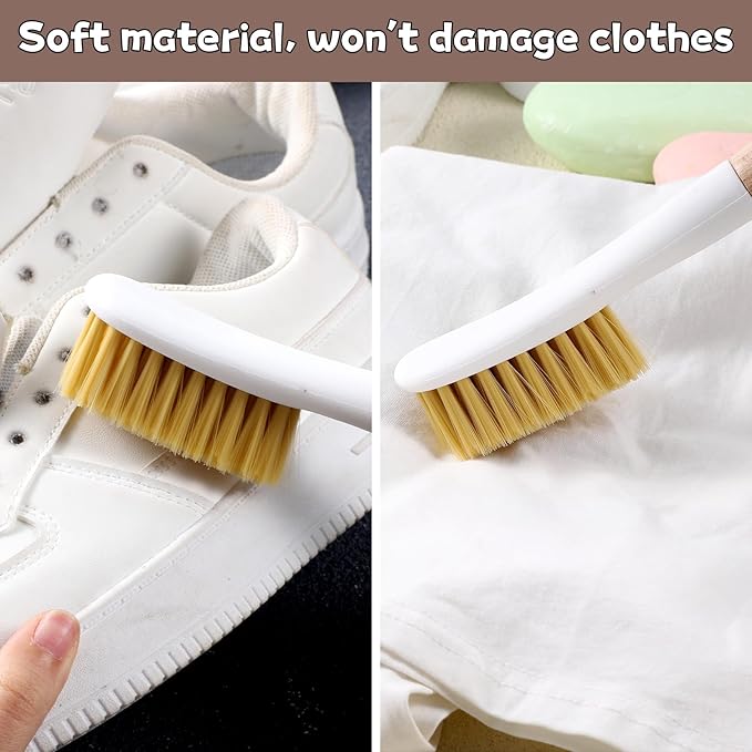 Wood Laundry Stain Brush with Soft Bristle, Stain Remover Brushes with Long Handle for Cleaning Shoes Clothes Fabric, Protable Laundry Scrub Brush for Stains on Clothes(Natural)