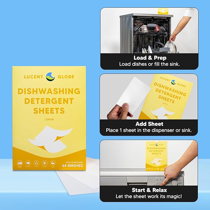 Lucent Globe Dishwasher Dishwashing Detergent Sheets, Dish Soap & Dishwashing Tablets Alternative. Plant-Based, Eco-Friendly, Lemon Scent & Plastic Free Packaging (64 Sheets)