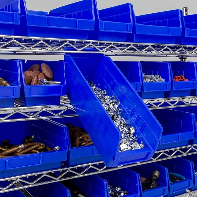 Akro-Mils 30120 Plastic Shelf Bins, Heavy Duty Storage Bins for Garage, Closet, and Drawer Organization, 12-Inch x 4-Inch x 4-Inch, Blue, 24-Pack