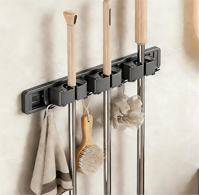 Broom Holder Wall Mount with Adjustable Hooks, Mop Organizer Rack for Narrow Space, Mop and Broom Hanger Wall Mount for Organizing in Kitchen, Garage, Laundry Room, 3 Racks 4 Hooks, Gray
