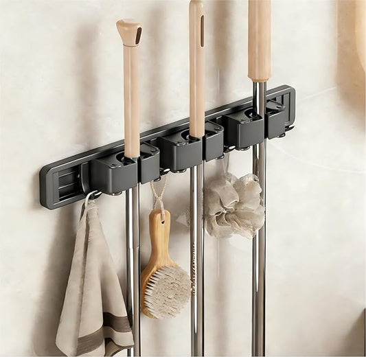 Broom Holder Wall Mount with Adjustable Hooks, Mop Organizer Rack for Narrow Space, Mop and Broom Hanger Wall Mount for Organizing in Kitchen, Garage, Laundry Room, 3 Racks 4 Hooks, Gray