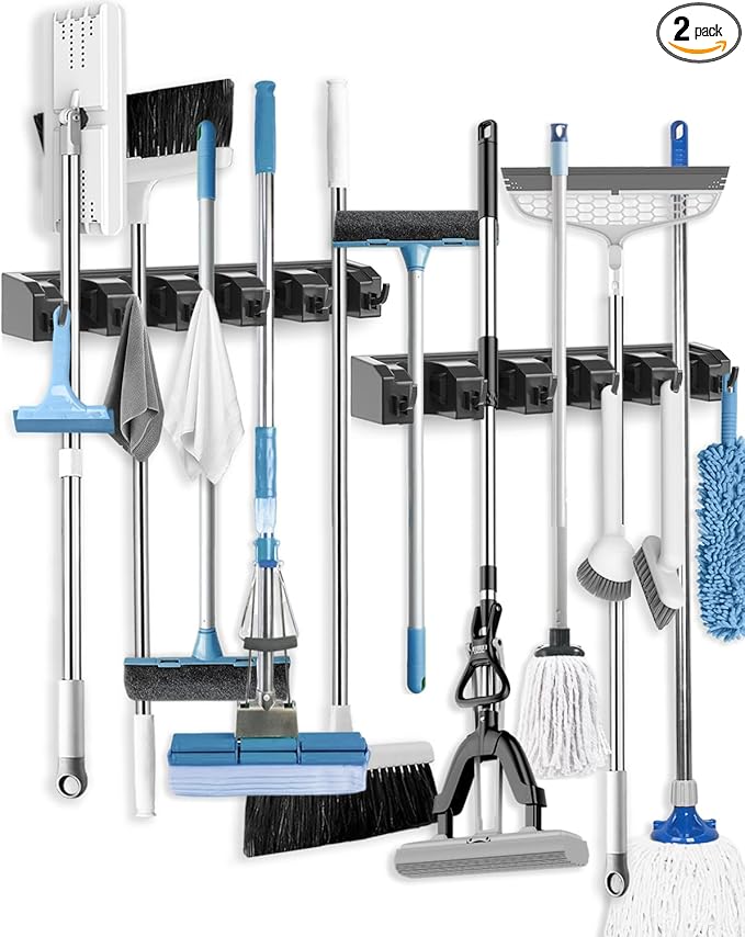 AceMining Broom Holder Wall Mounted, 2 Pack 5 Holders and 6 Hooks Mop Holder, ABS Plastic Brush Holder, Thick and Durable Mop and Broom Holder, Broom Storage, Broom Hook, Mop Wall Holder Black