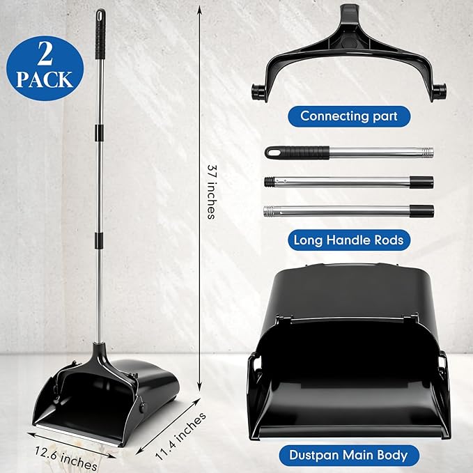 Maxcheck 2 Pcs 37 Inch Lobby Dust Pan Bulk Upright Lobby Dust Pan Plastic Commercial Dustpan with Long Handle Upright Standing Dustpan Heavy Duty for Office Home Indoor Outdoor Use (Black)