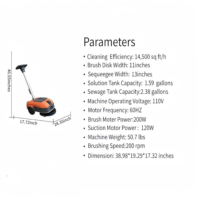 PENNON Portable Floor Scrubber with 360° Rotating Squeegee – Hand-Pushed, 180° Foldable, Efficient for Small Spaces & All Floor Types for Small Retail & Food Service