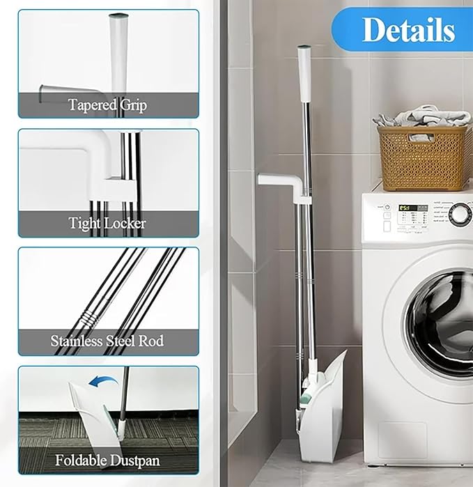 Broom and Dustpan Set 50" Long Handle Foldable Stand Up Broom and Dustpan with Comb Teeth for Indoor & Outdoor Sweeping Home Dog Cat Pets (White)