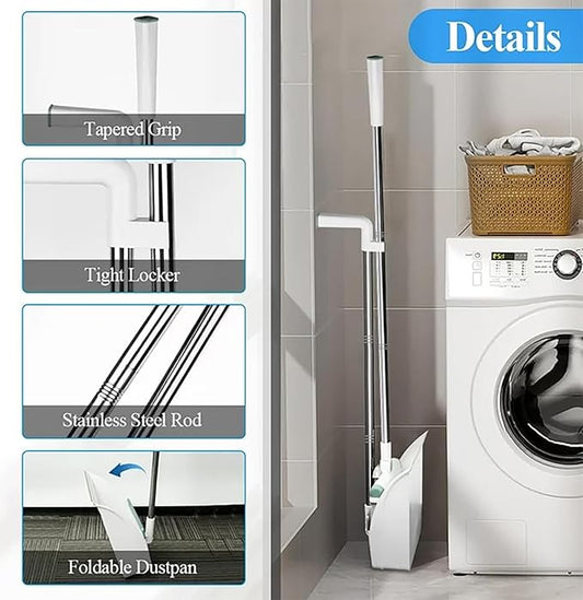 Broom and Dustpan Set 50" Long Handle Foldable Stand Up Broom and Dustpan with Comb Teeth for Indoor & Outdoor Sweeping Home Dog Cat Pets (White)