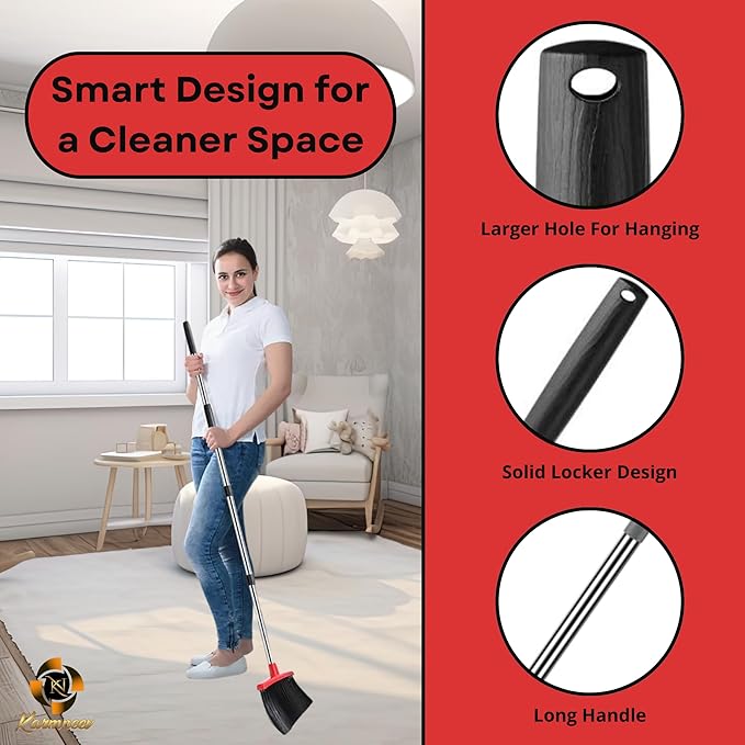 Standing Broom and Dustpan Set, Built-in Scraper Teeth, No-Slip Grip, Dust Collection Tray for Home, Office, Lobby, and Outdoor, Adjustable Handle from 38.18" to 52" (Black and Red)