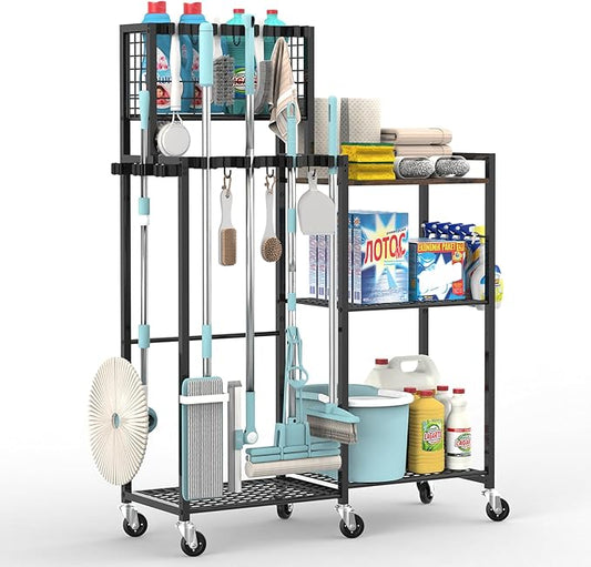 Broom Holder with Cleaning Supplies Organizer, Cleaning Cart with Broom Hanger, Broom and Mop Holder with Wheels,11 Mop Hanger Grippers & 6 Hooks, Broom Organizer for Laundry, Garage, Tool Room