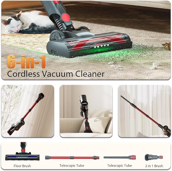 Cordless Vacuum Cleaner for Home, 6-in-1 Lightweight 45KPa Powerful Suction of 45-Min Runtime, Upgrated Green Light Dust Detection for Hard Floors/Carpets/Pet Hair