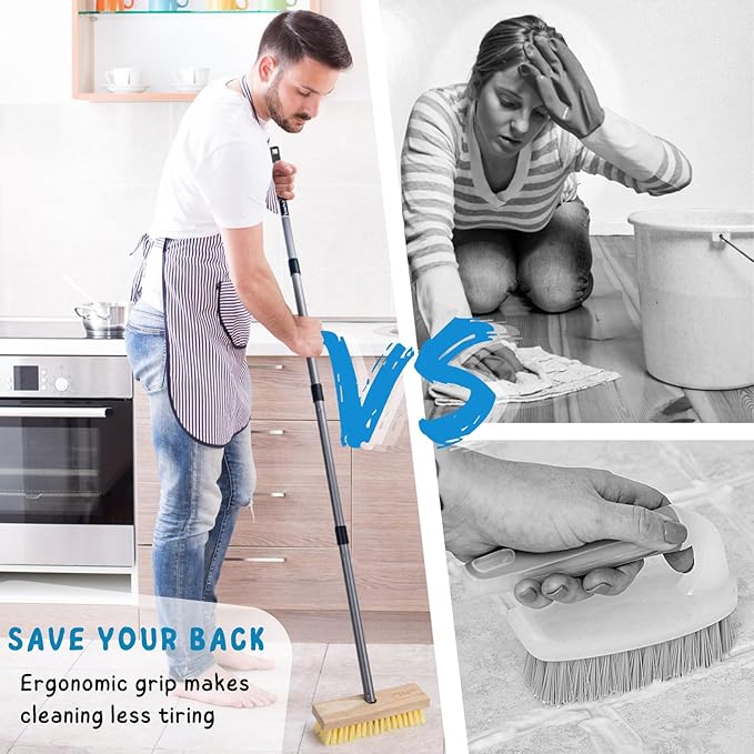 Floor Scrubber Brush with Long Handle for Deck Cleaning, 52'' Stiff Bristle Scrub Broom for Shower, Bathroom, Boat, Concrete, Carpet, Garage