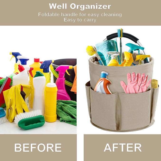 Cleaning Caddy with Handle, Cleaning Products Organiser, 17L Foldable Storage Basket, Cleaning Caddy Organiser, Portable Multi Cleaning Bucket Bag for Home, Garden (Khaki)