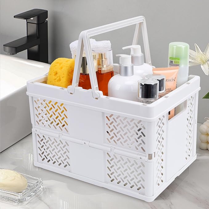 Portable Plastic Shower Caddy with Handle - Multi-Functional Organizer for Dorm, Bathroom, and Cleaning Supplies Storage - Collapsible Baby Bath Caddy and Dorm Shower Caddy - White