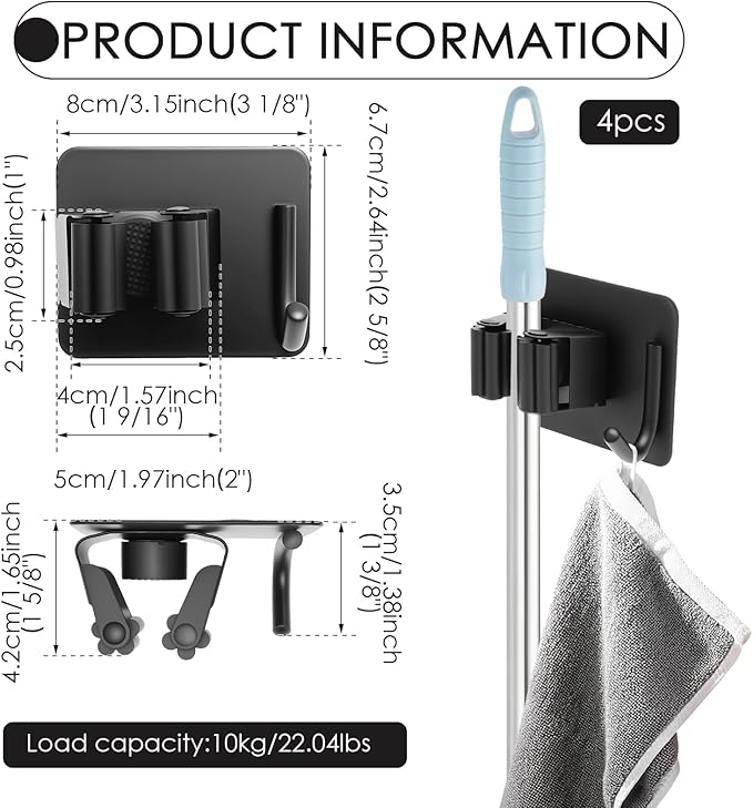 4 Pack Mop Broom Holder Wall Mounted, Stainless Steel Mop Broom Organizer with Hooks Hanger, No Drilling Self Adhesive Mop Handle Hanger for Kitchen Garage Office