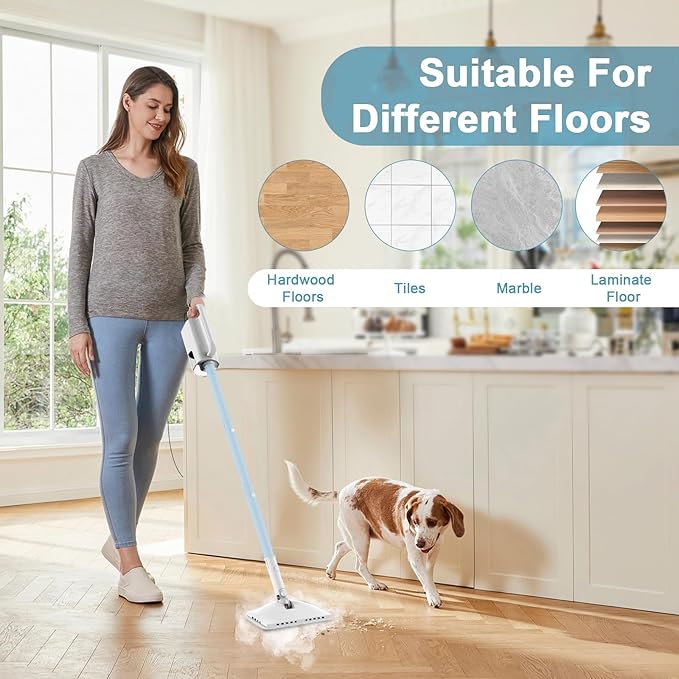 7-in-1 Steam Mop, 1200W Rotated Steam Cleaner for Home, 2 Modes, 400ML Removable Tank, 23FT Power Cord, 2 Pads, Multi-Surface Steamer for Hard Floor, Laminate Floor, Tiles Cleaning（Lake Blue）