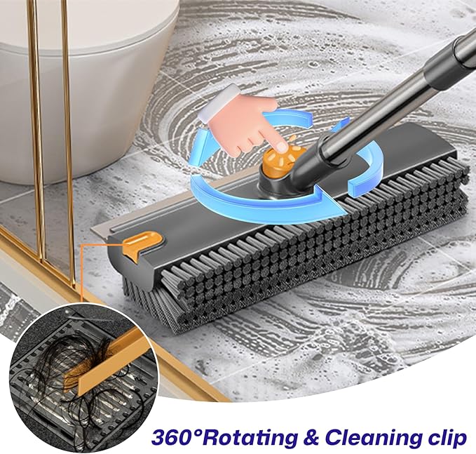 3-in-1 Floor Scrub Brush with Long Handle, Scrape and Heavy-Duty Stiff Bristle Floor Scrubber Brush with Squeegee and Tweezer for Cleaning Tile Wall Deck Bathroom Patio Garage Kitchen