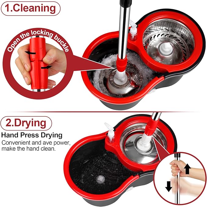 Spin Mop and Bucket with Wringer Set, 360° Spinning Mop Bucket System with 3 Microfiber Mop Replacement Heads and 61" Stainless Steel Adjustable Handle for Floor Cleaning (20QT)