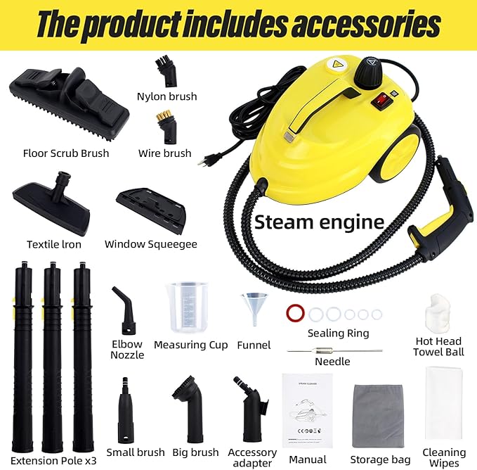 Rolling Steam Cleaner for Floors & Cars, 1800W Portable Steam Cleaner with 2.0L Tank & 5m Cord,Multi-Scenario Cleaner for Home, Car, Kitchen, Bathroom, Tile, Grout, Carpet